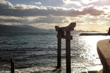 A torii gate in the sea on the secondary peninsula on the west side