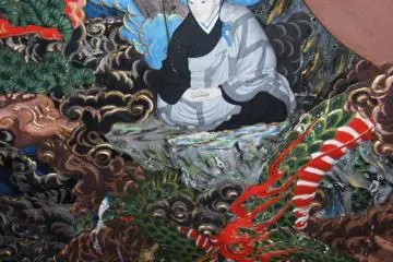 Scene from the carved ceiling showing Dogen Zenji, founder of the Soto school of Zen