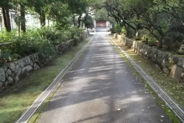 The path to the main hall is lined with statues
