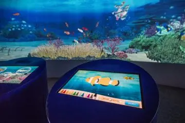 This display allows guests to color their own fish and send it swimming to the large screen in the background