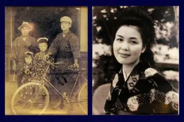 Historical images of folk wearing kasuri woven kimono