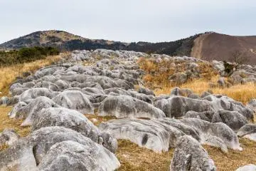 Winter view of Hiraodai Karst Plateau and its grassy mountainsides dotted with limestone formations