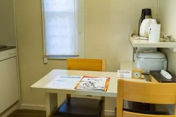 A small dining table in this cabin for two