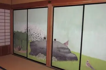 The painting with white azalea and birds