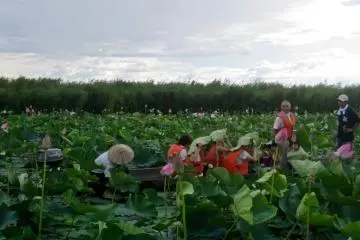 A light rain caught mine and another boat out on the lake. Fortunately, the large hadzu leaves made excellent umbrellas