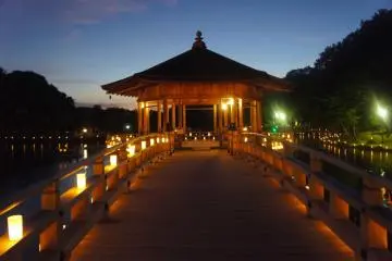 Lit walkway around the Ukimido Pavilion