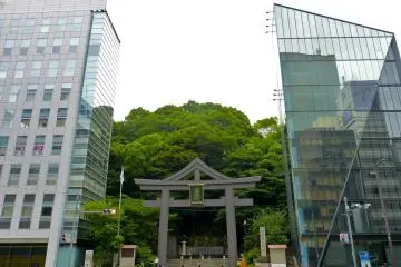 The shrine gate between two buildings