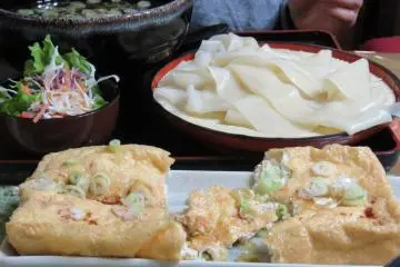 Fried tofu, flat udon and chicken broth at Nasu Tofu Chaya Restaurant 