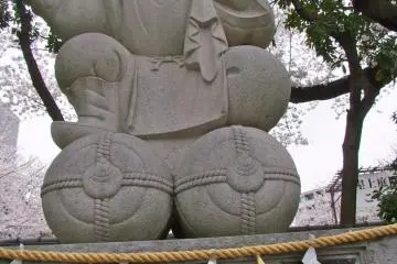 사원 벽 너머 벚꽃나무와 도쿄가 보인다