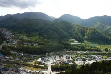 View of town, station and valley from Yamadera Temple
