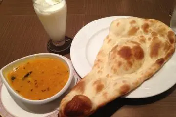 Nan, dal curry, and lassi