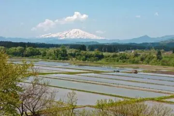 Spring: The fields are flooded in preparation for the new rice crop. Mount Chokai, the tallest mountain in Yamagata at 2,236m, is visible in the distance.