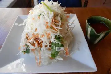 Fresh veggies piled high on taco rice