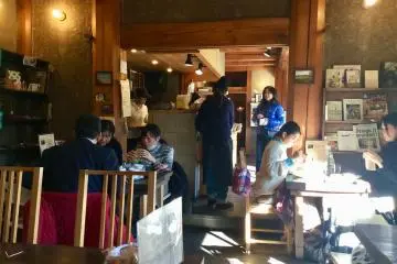 The warm interior of the cafe.