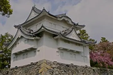 성 입구 근처에 있는 분홍색 꽃들