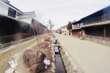 The inn on the left displays a large 'sode udatsu' and Unno-style lattices on the upper windows