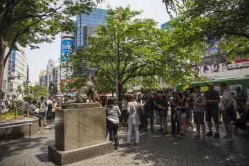 Crowds waiting to take selfies with Hachiko.
