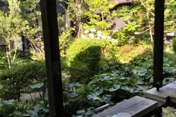 The foot bath has a view of the courtyard garden