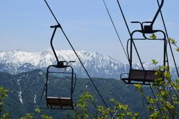 Ski lifts viewed from the ropeway. The region is a popular winter sport destination