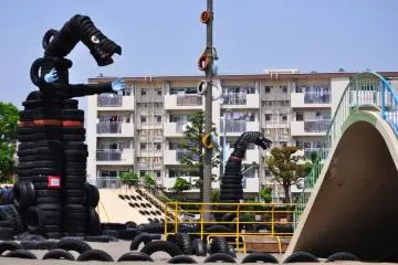 The two Godzillas at the park with tyre slide in the background
