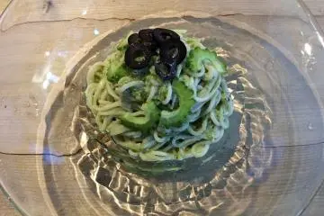 Pasta featuring bitter melon (goya)