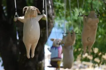 The animals from "Circus" by Tomio Okayama are suspended in trees at the park