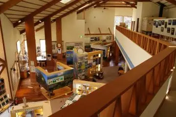 Looking down at wildlife displays and park information
