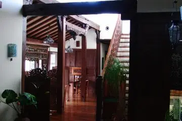 The interior features beautiful hardwood beams