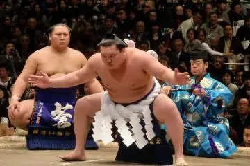 Hakuho performing a yokozuna-only ceremonial dance (Photo: <a href="https://commons.wikimedia.org/wiki/File:Hakuho_Shiranui_dohyo-iri_2012_Jan.JPG" target="_blank" rel="noreferrer noopener nofollow">FourTildes</a> / <a href="https://creativecommons.org/licenses/by-sa/3.0/deed.en" target="_blank" rel="noreferrer noopener nofollow">CC BY-SA 3.0</a>)
