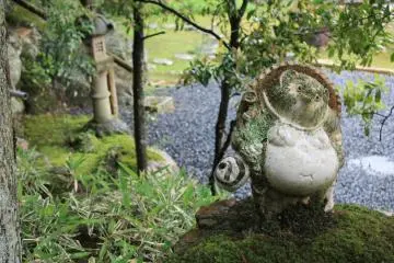 A ceramic tanuki greets you at the entrance to Kokemushiro Café