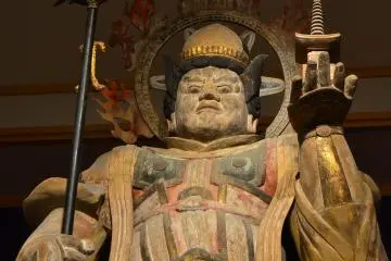 <p>Face of Bishamonten who carries a spear in&nbsp;the right hand and stupa&nbsp;(Buddhist tower) in the left hand.</p>