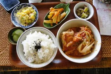 <p>The daily special, cabbage stuffed with meat and myriad vegetable plates</p>