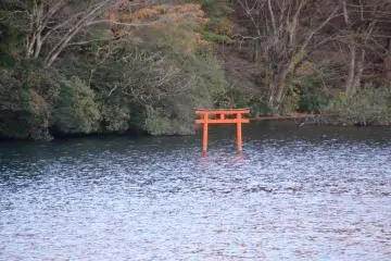 A 'torii',or gate. This gate represents a nine headed dragon that is believed to live at the bottom of Lake Ashi