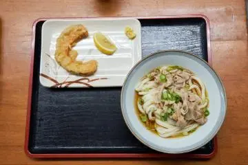 Sanuki udon with a side of tempura pumpkin