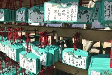 The ema here (wooden plaques to write hopes and wishes on) are a bright teal color