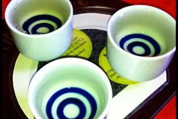 Sake drinking cups on display. The blue and white rings are used to determine how good the sake is based on its color