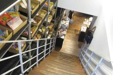 The stairs leading down into the cafe