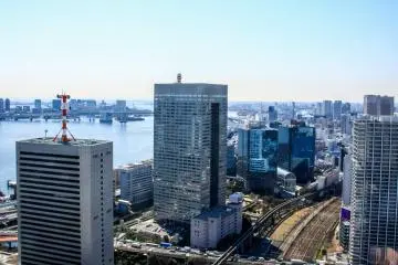 Looking south towards Odaiba, Tokyo Bay and the Rainbow Bridge