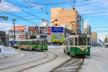 Streetcars passing by in Hakodate 