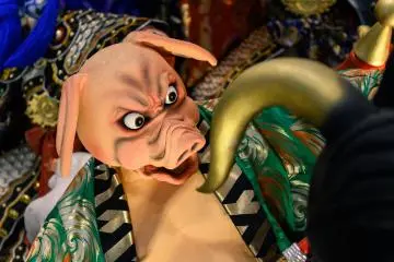 The figure of a pig character on a float from the Hachinohe Sansha Taisai Festival