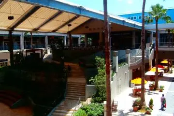 The spot on the second floor enclosed by the greenery is a Starbucks