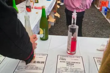 Umeshu Festa: One of four tables containing 166 bottles of Plum Wine and Sake