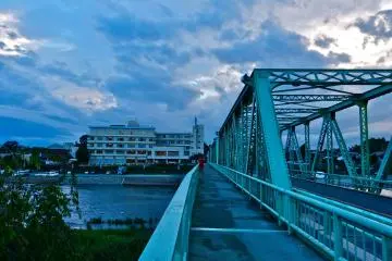 The hotel, with bridge in front of it