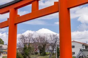 Through one of the main torii to the complex, you can see Mount Fuji