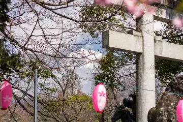 Looking past the spring festival booths, you can see Mount Fuji through the trees