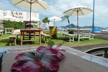 Some dining areas and bars are open-air terraced areas with views of the sea