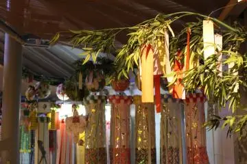 Paper strips with wishes are hung on a bamboo tree