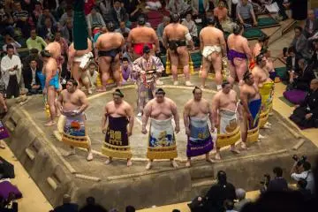 Westlers taking part in the ring entering eremony  (Photo: <a href="https://commons.m.wikimedia.org/wiki/File:Sumo_dohyo-iri_May_2014_001.jpg" target="_blank" rel="noreferrer noopener nofollow">Simon Q / CC BY 2.0</a>)