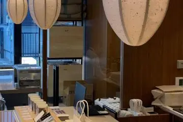 Wagashi (Japanese paper) lamps in the shape of cacao pods at Nel Chocolate Makers in Tokyo