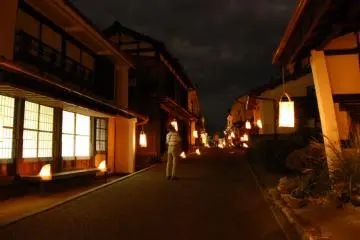 Paper lanterns light up the street for the annual moon viewing festival.